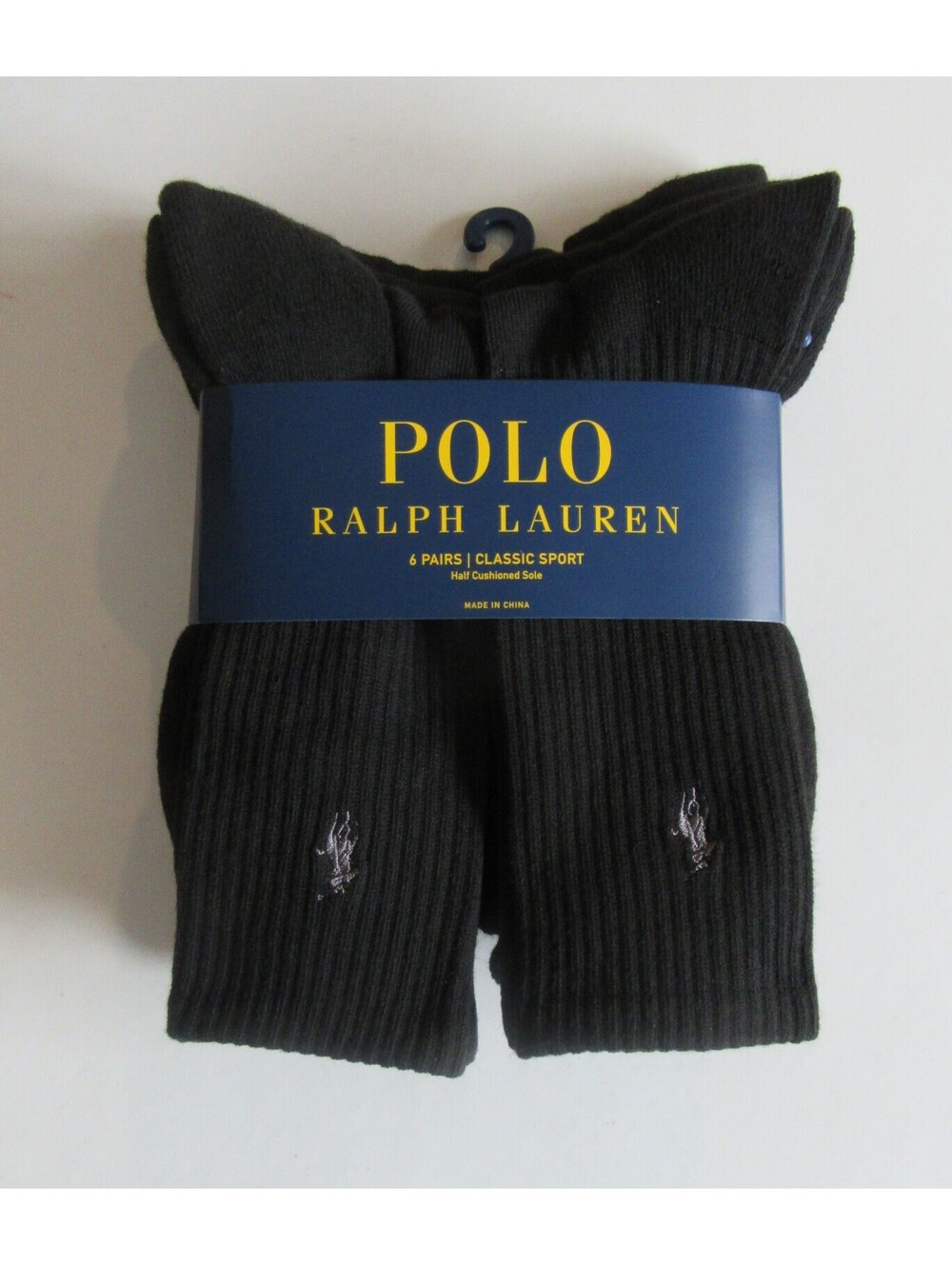 Polo Ralph Lauren Mens Crew Socks Black with Grey Pony 6 pack NWT